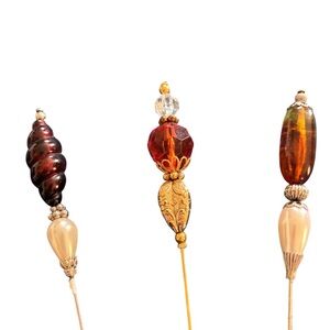 Lot 3 Decorative VTG Style Ornate Hat Pins Faux Amber Gold Pearl 5” Hair Beauty